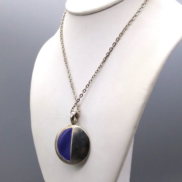 Vintage Reversible Circle Pendant Necklace, Silver Tone on Chain - Picture 1 of 5